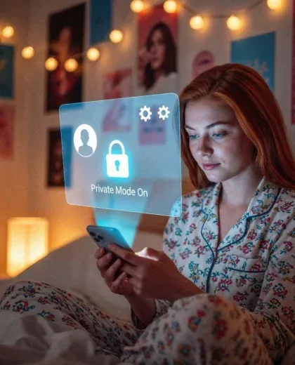 Joven usando el teléfono en su habitación en modo privado